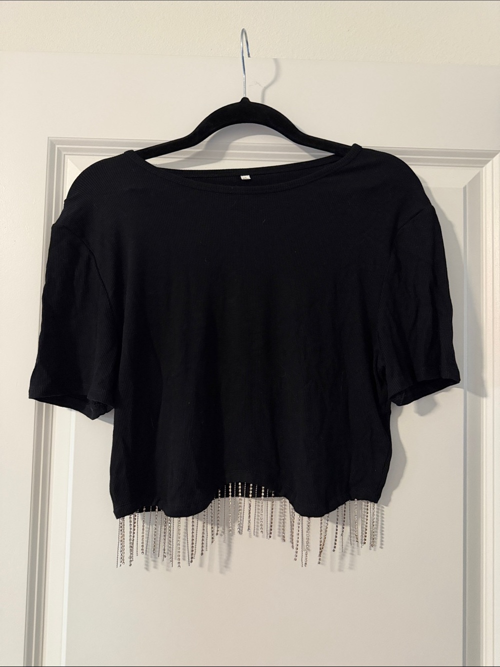 Amazon Black Crop Top with Beaded Fringe